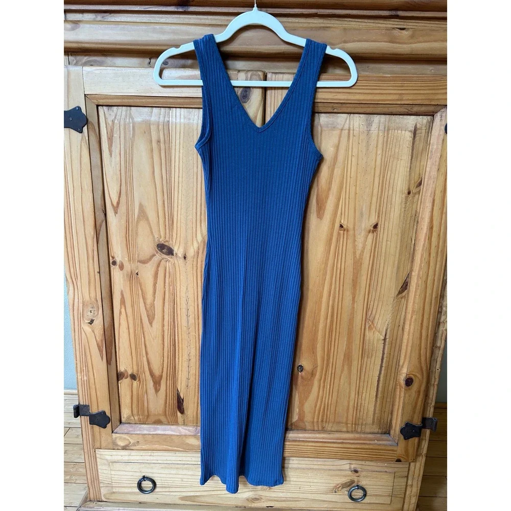 Abound Blue Ribbed Knit V-Neck Midi Dress Sleeveless Bodycon‎ Womens XS